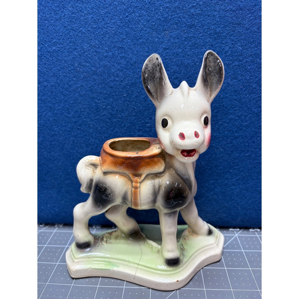 Vintage Donkey Ceramic Planter White Grey Burro Figurine Saddle Pot